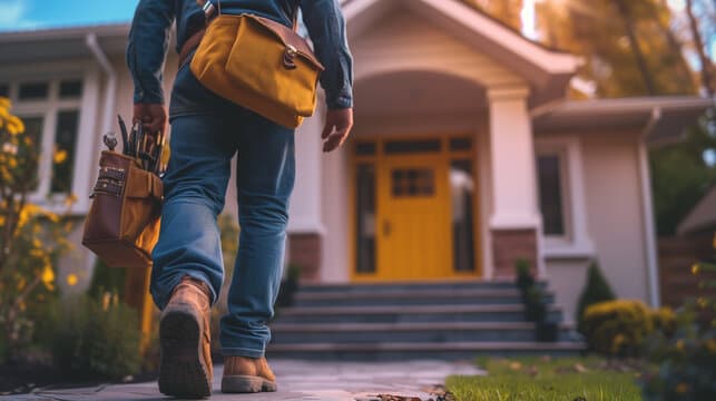 Handyman carrying a tool bag to a client's front door